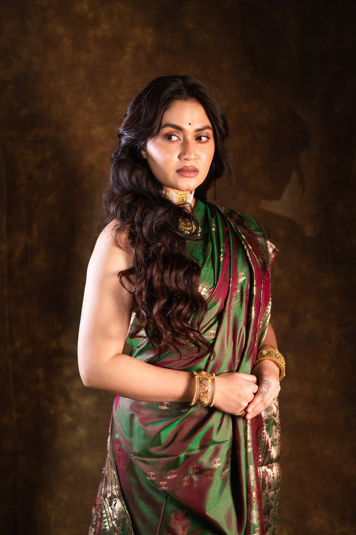 Mahakatha - Lush Green Baluchari Silk Saree with Grand Mythic Border Weaves