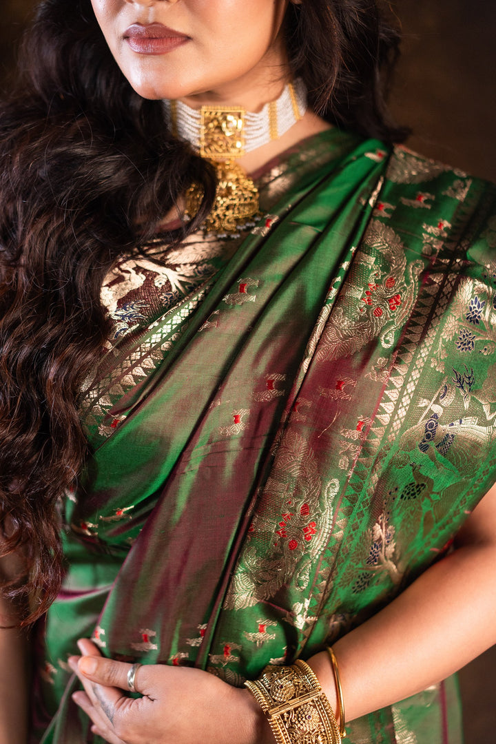 Mahakatha - Lush Green Baluchari Silk Saree with Grand Mythic Border Weaves