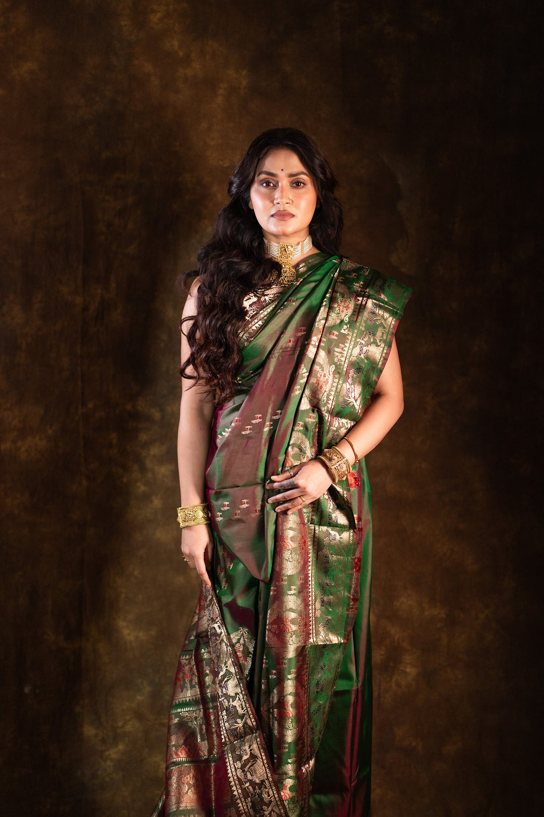 Mahakatha - Lush Green Baluchari Silk Saree with Grand Mythic Border Weaves