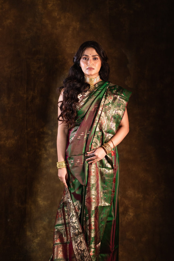 Mahakatha - Lush Green Baluchari Silk Saree with Grand Mythic Border Weaves