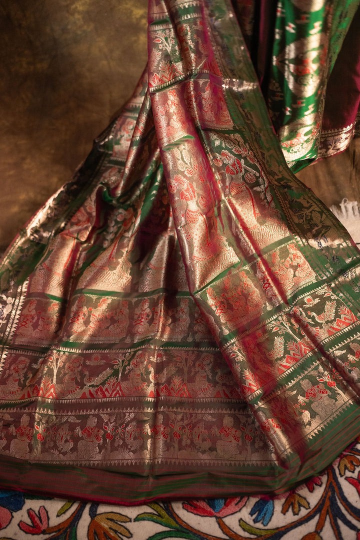 Mahakatha - Lush Green Baluchari Silk Saree with Grand Mythic Border Weaves