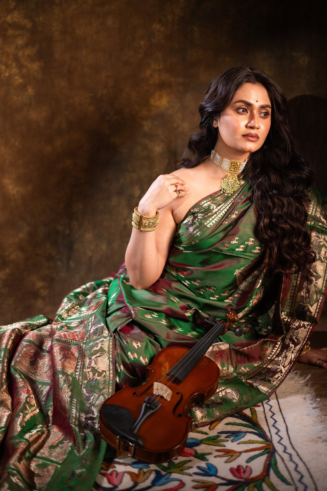 Mahakatha - Lush Green Baluchari Silk Saree with Grand Mythic Border Weaves