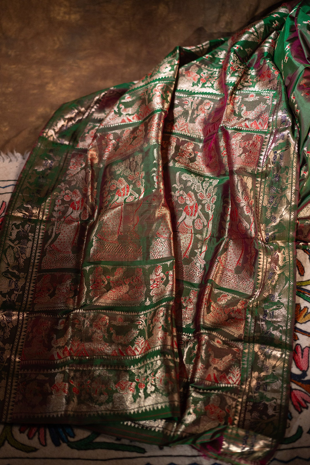 Mahakatha - Lush Green Baluchari Silk Saree with Grand Mythic Border Weaves