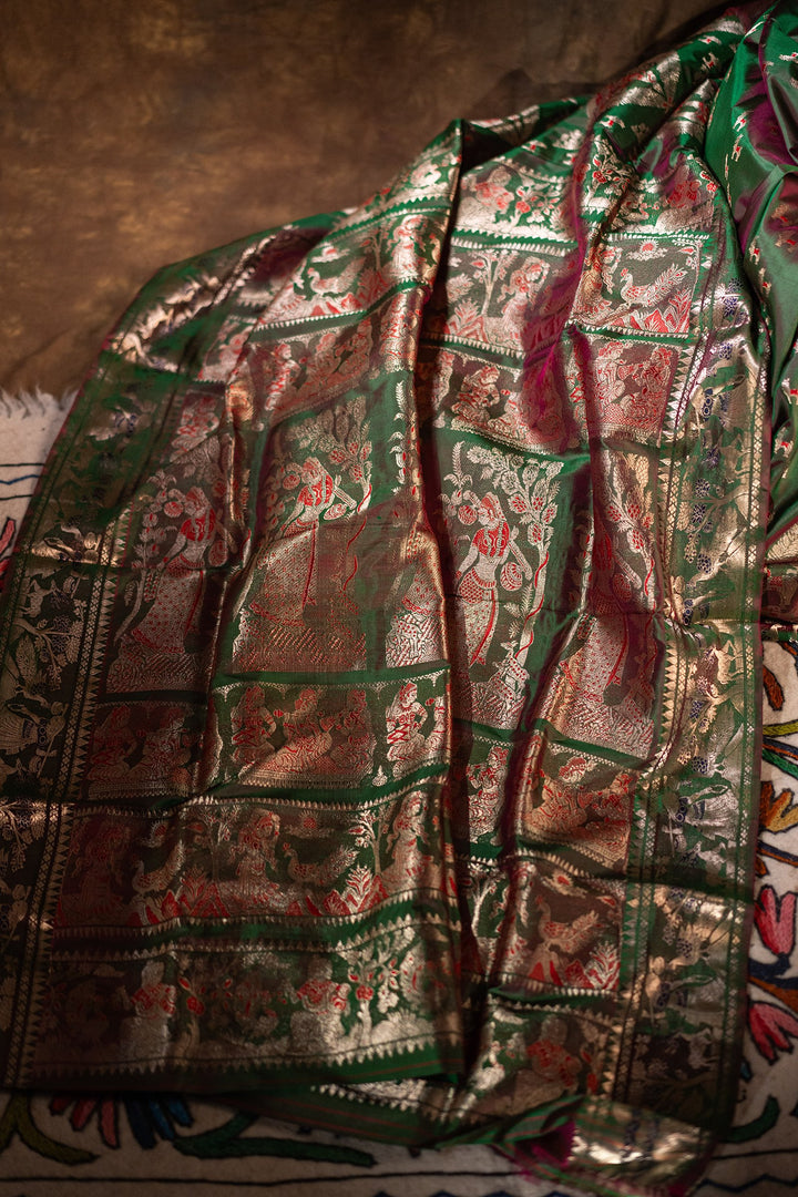 Mahakatha - Lush Green Baluchari Silk Saree with Grand Mythic Border Weaves