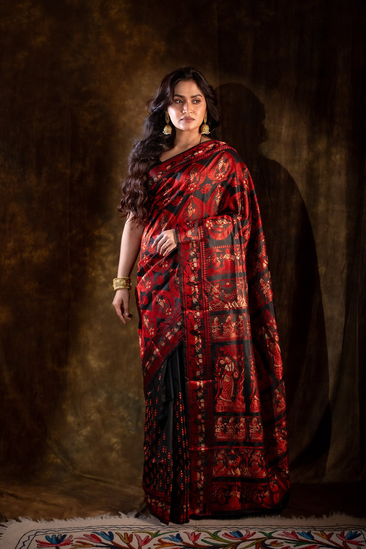 Ashwaraj Rajkatha - Royal Black Baluchari Silk Saree with Regal Red Epic Motifs