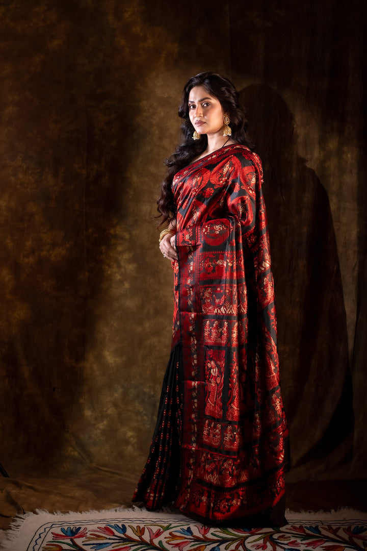 Ashwaraj Rajkatha - Royal Black Baluchari Silk Saree with Regal Red Epic Motifs