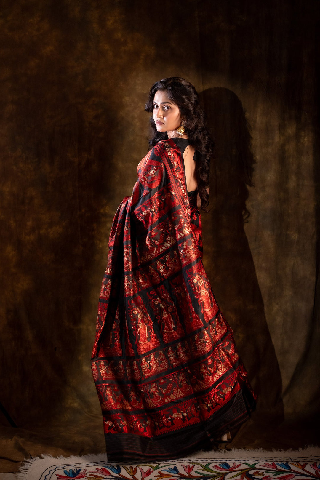 Ashwaraj Rajkatha - Royal Black Baluchari Silk Saree with Regal Red Epic Motifs