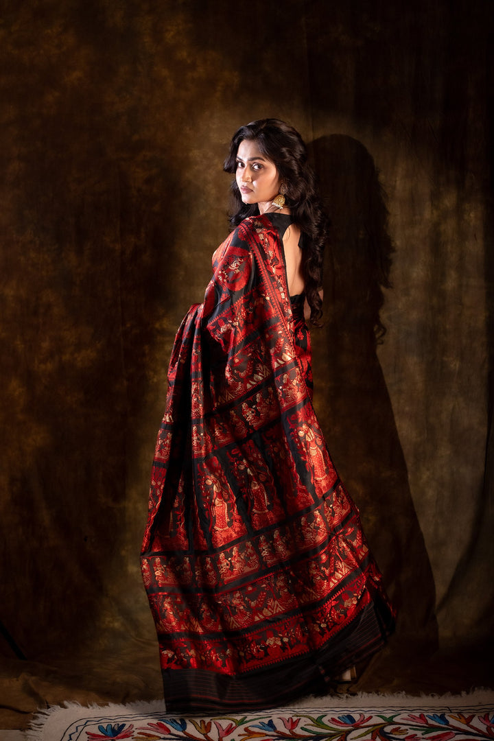 Ashwaraj Rajkatha - Royal Black Baluchari Silk Saree with Regal Red Epic Motifs