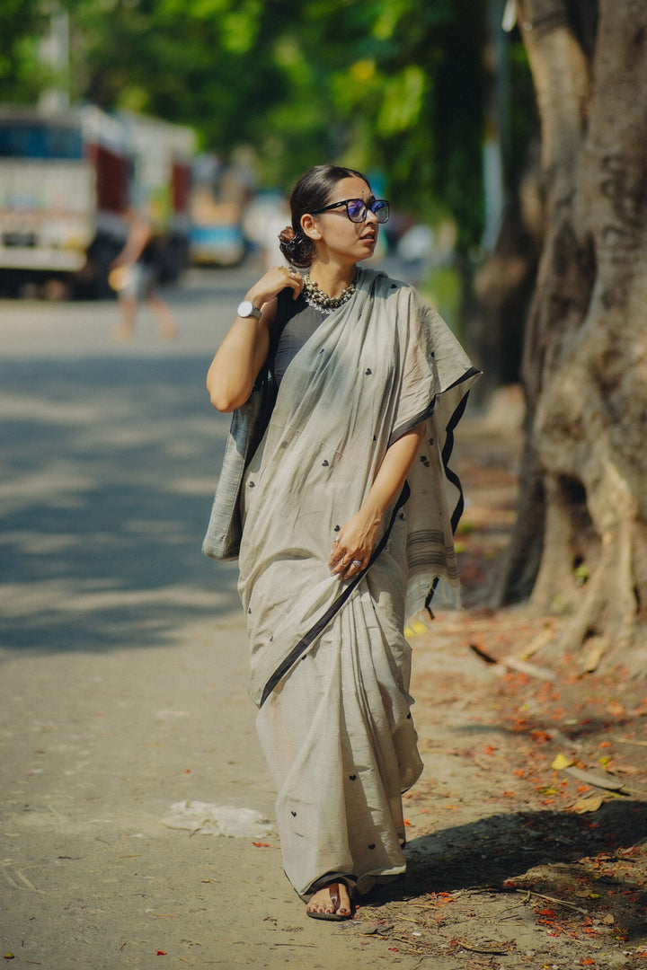 Pastel Grey Black Heart Begampuri Cotton Saree