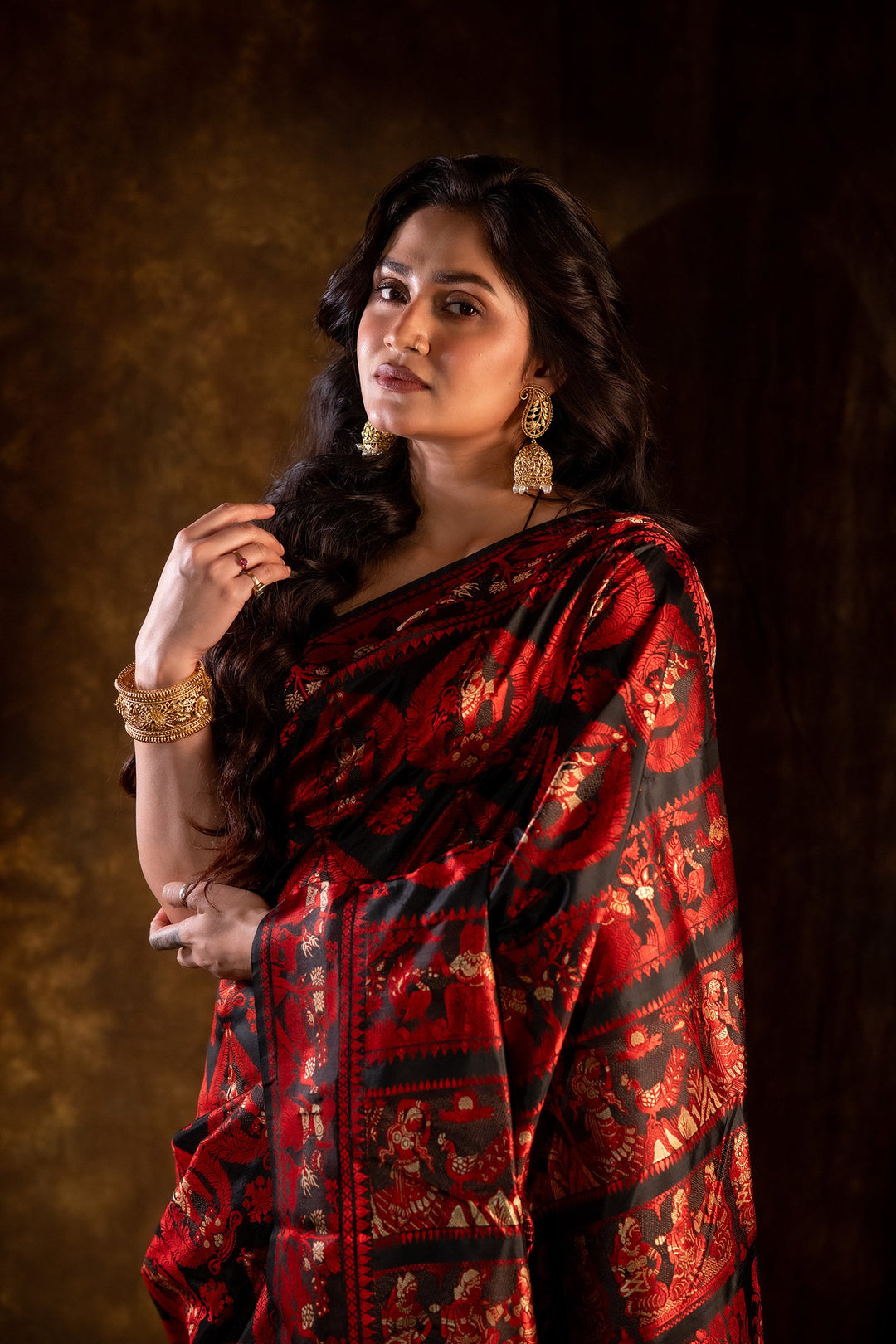 Ashwaraj Rajkatha - Royal Black Baluchari Silk Saree with Regal Red Epic Motifs