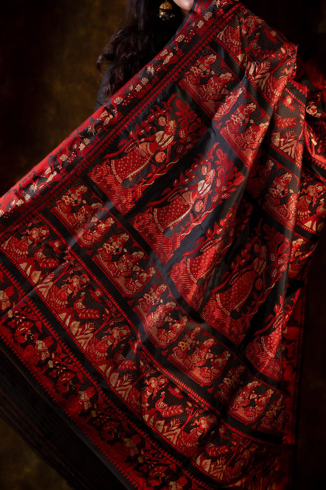Ashwaraj Rajkatha - Royal Black Baluchari Silk Saree with Regal Red Epic Motifs