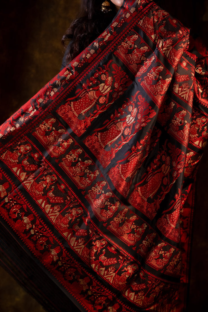 Ashwaraj Rajkatha - Royal Black Baluchari Silk Saree with Regal Red Epic Motifs