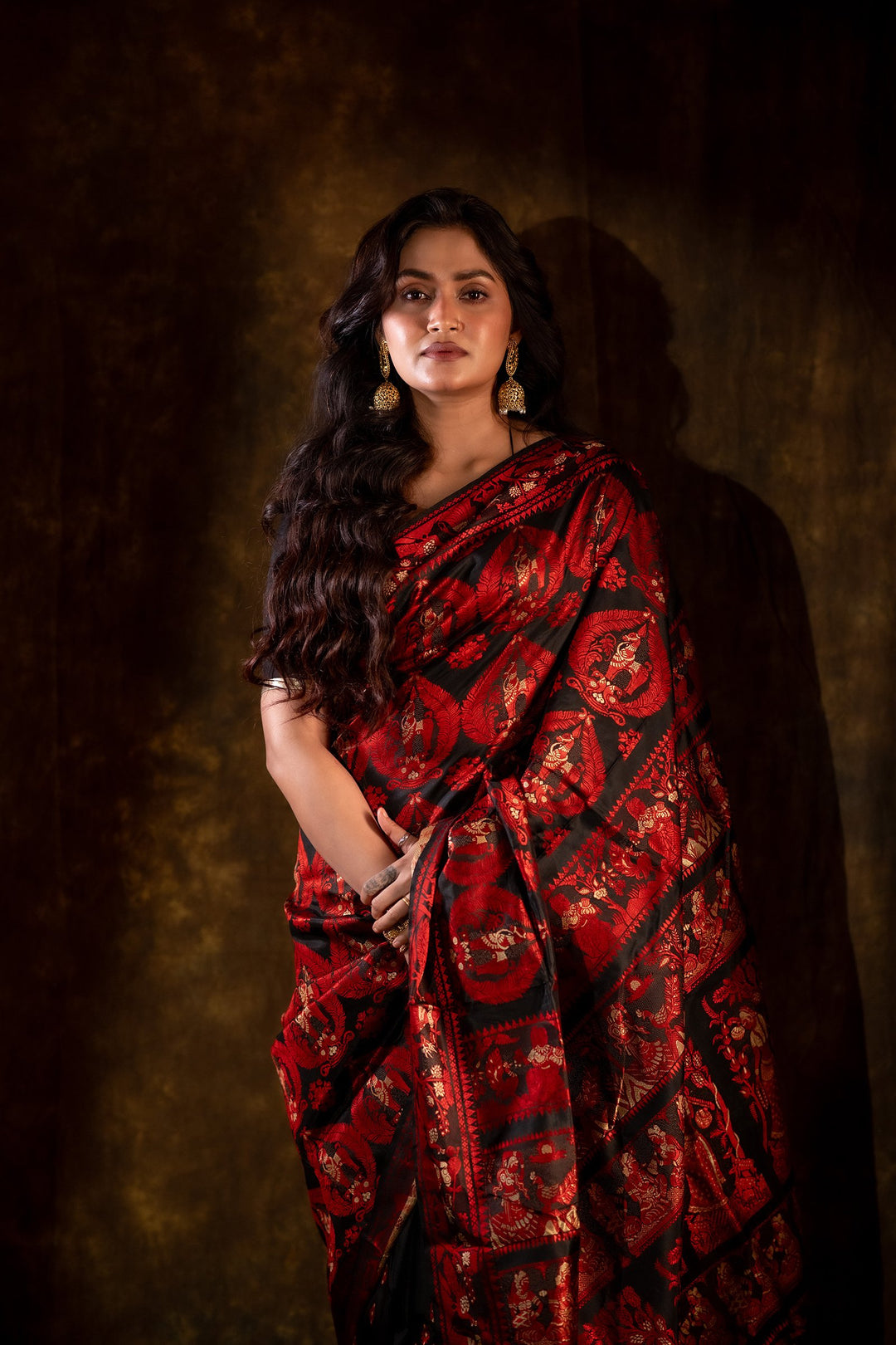 Ashwaraj Rajkatha - Royal Black Baluchari Silk Saree with Regal Red Epic Motifs