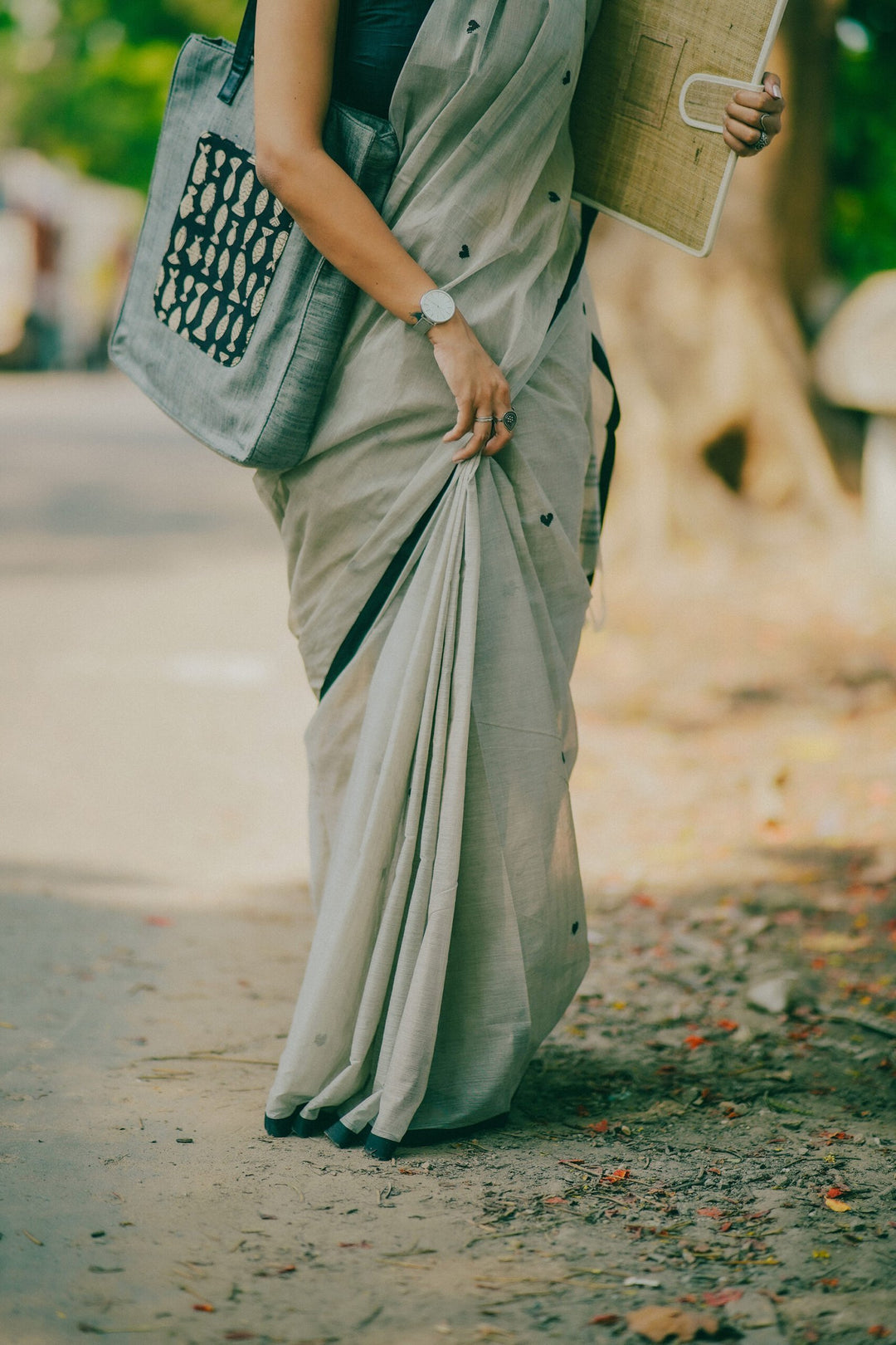 Pastel Grey Black Heart Begampuri Cotton Saree