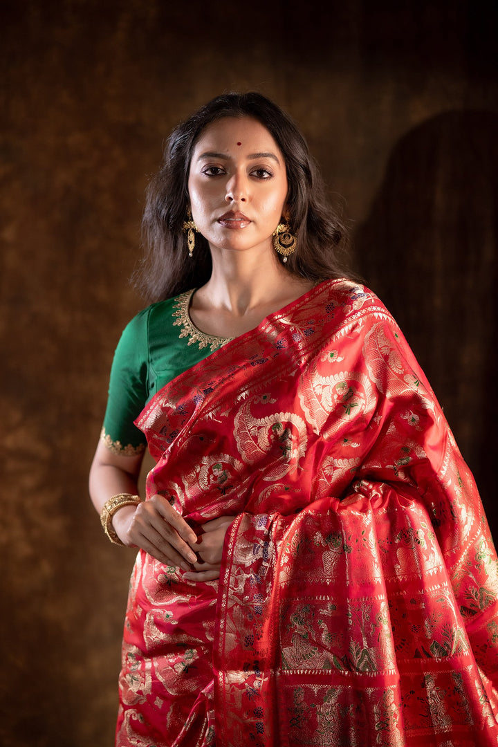 Ashvattha Swarna Katha - Dual-Tone Red–Pink Swarnachuri Silk Saree with Gold Mina Jaal