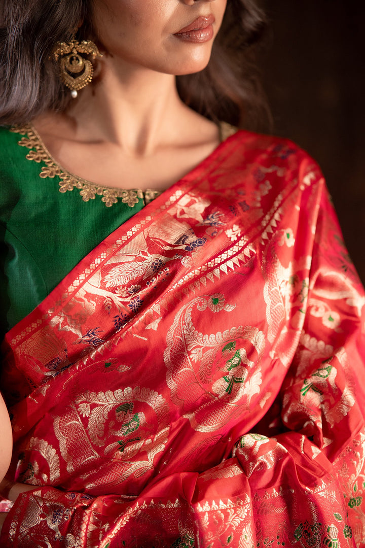 Suvarna Rekha Green Pure Silk Blouse with Royal Zari embroidery