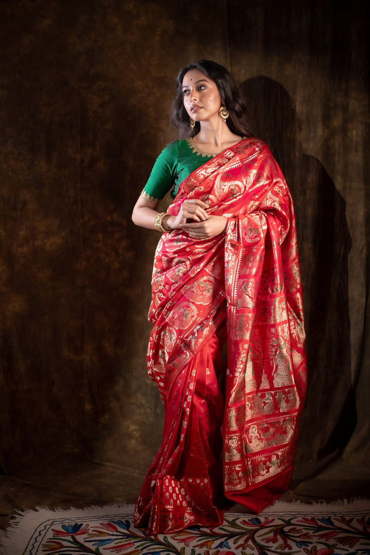 Ashvattha Swarna Katha - Dual-Tone Red–Pink Swarnachuri Silk Saree with Gold Mina Jaal