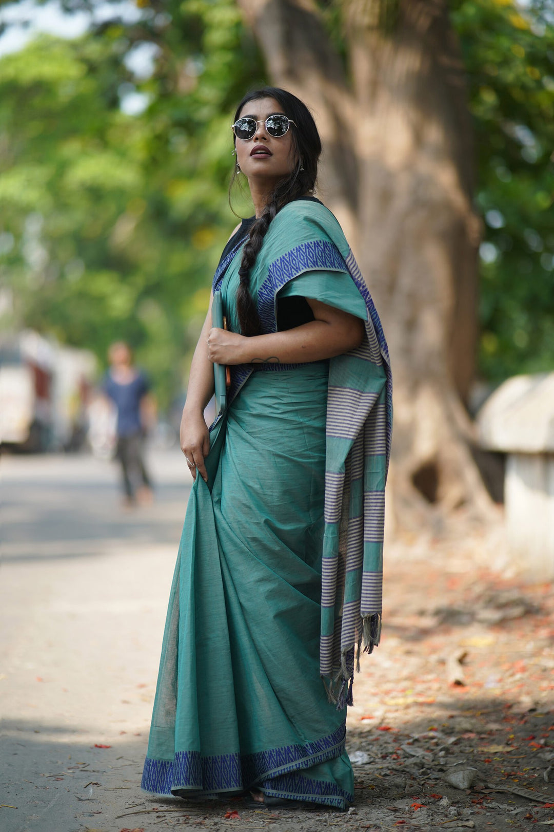 Pastel Green Blue ZigZag Begumpuri Saree