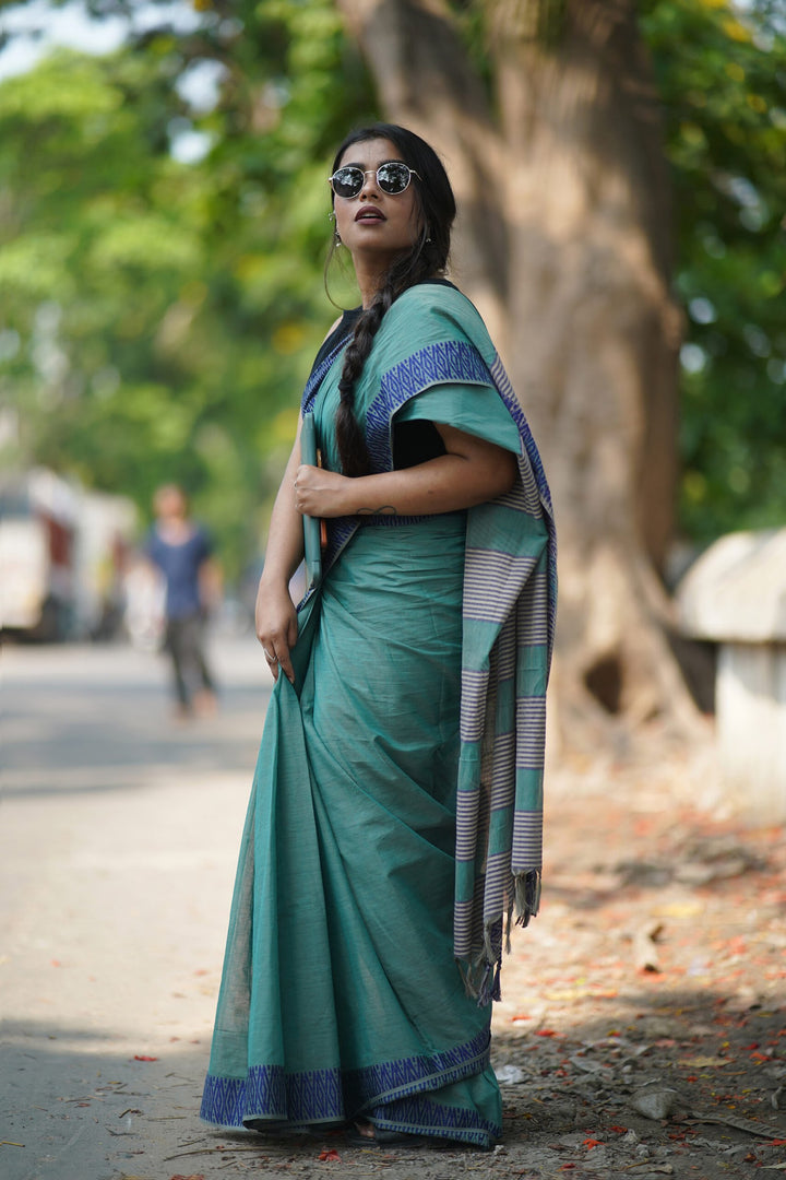 Pastel Green Blue ZigZag Begumpuri Saree