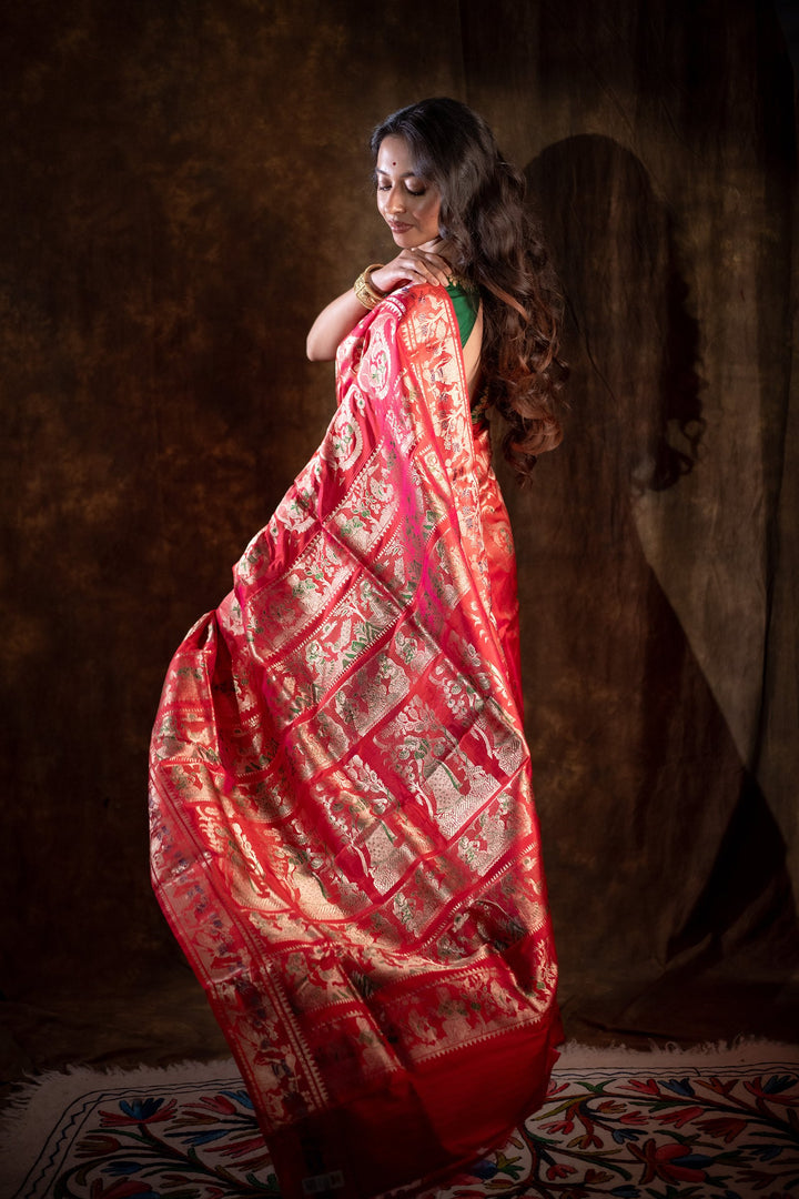 Ashvattha Swarna Katha - Dual-Tone Red–Pink Swarnachuri Silk Saree with Gold Mina Jaal