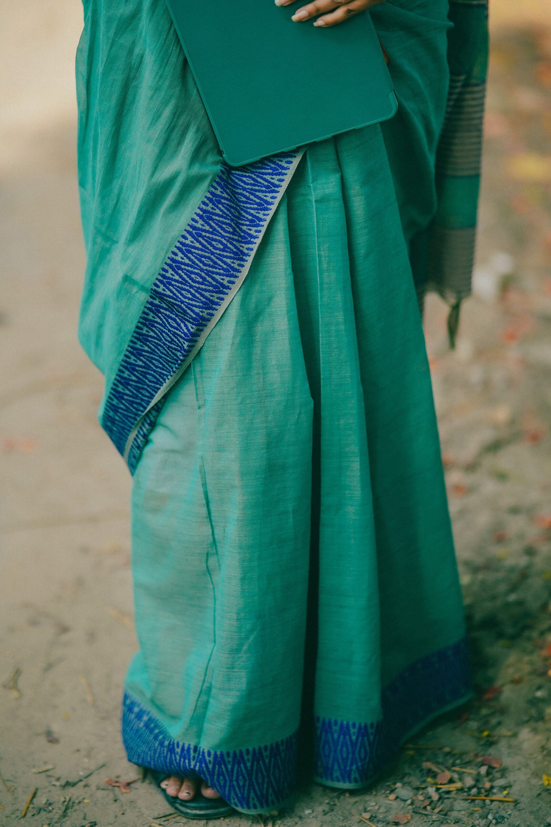 Pastel Green Blue ZigZag Begampuri Saree