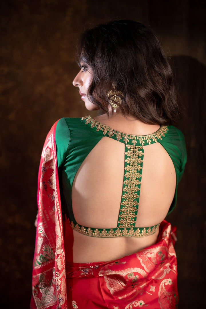 Suvarna Rekha Green Pure Silk Blouse with Royal Zari embroidery