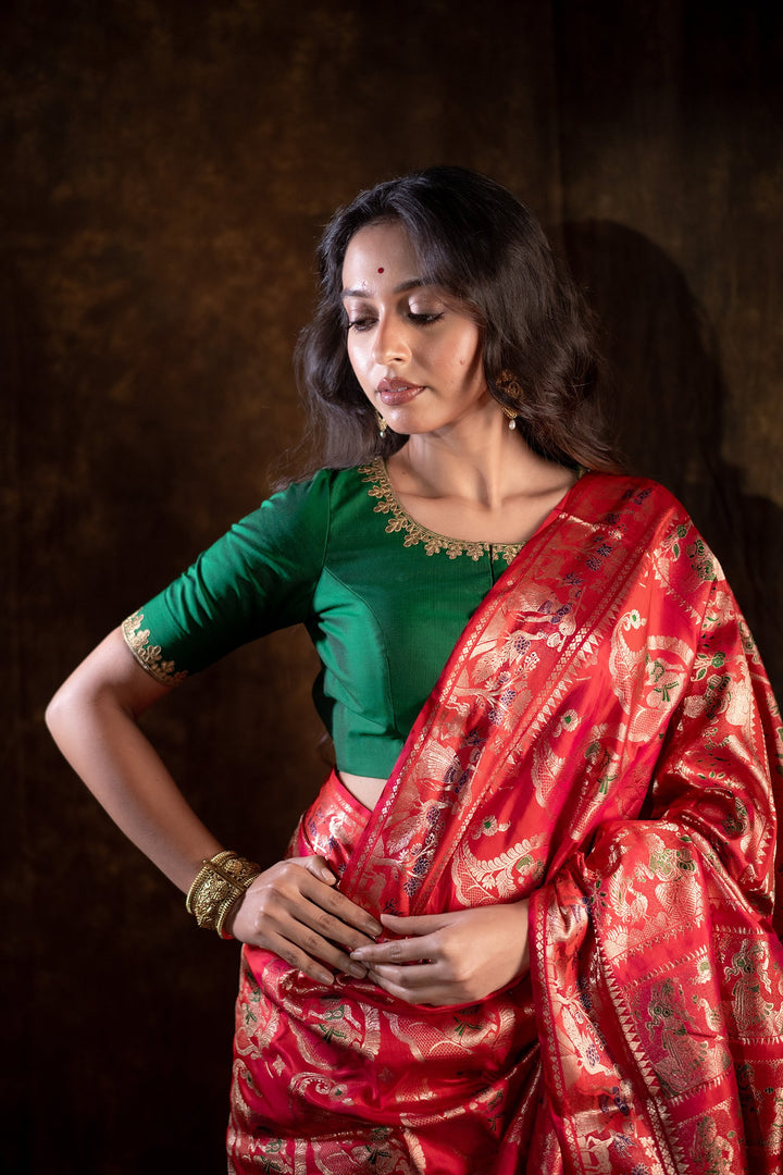 Suvarna Rekha Green Pure Silk Blouse with Royal Zari embroidery