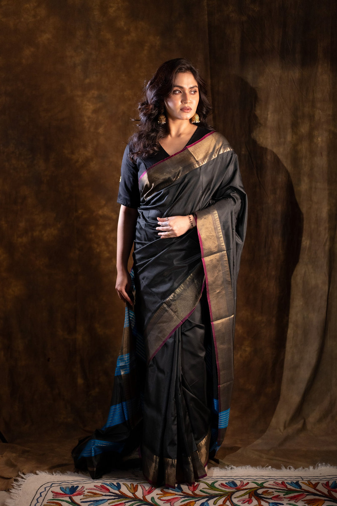 Rajrekha - Black Katan Silk Saree with Blue Diagonal Weaves &amp; Gold Zari Border