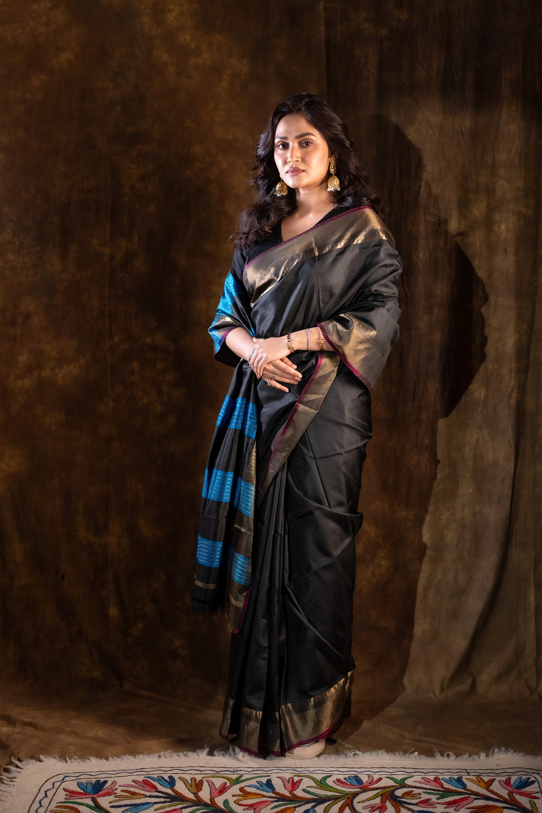 Rajrekha - Black Katan Silk Saree with Blue Diagonal Weaves &amp; Gold Zari Border