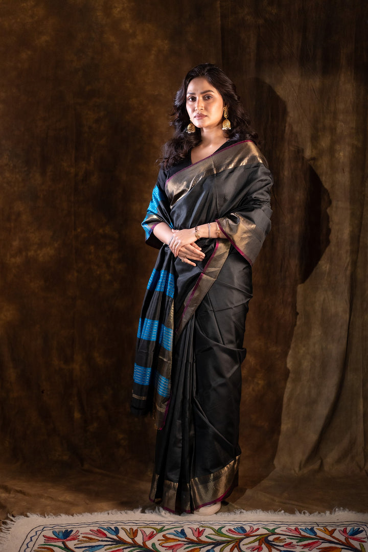 Rajrekha - Black Katan Silk Saree with Blue Diagonal Weaves &amp; Gold Zari Border