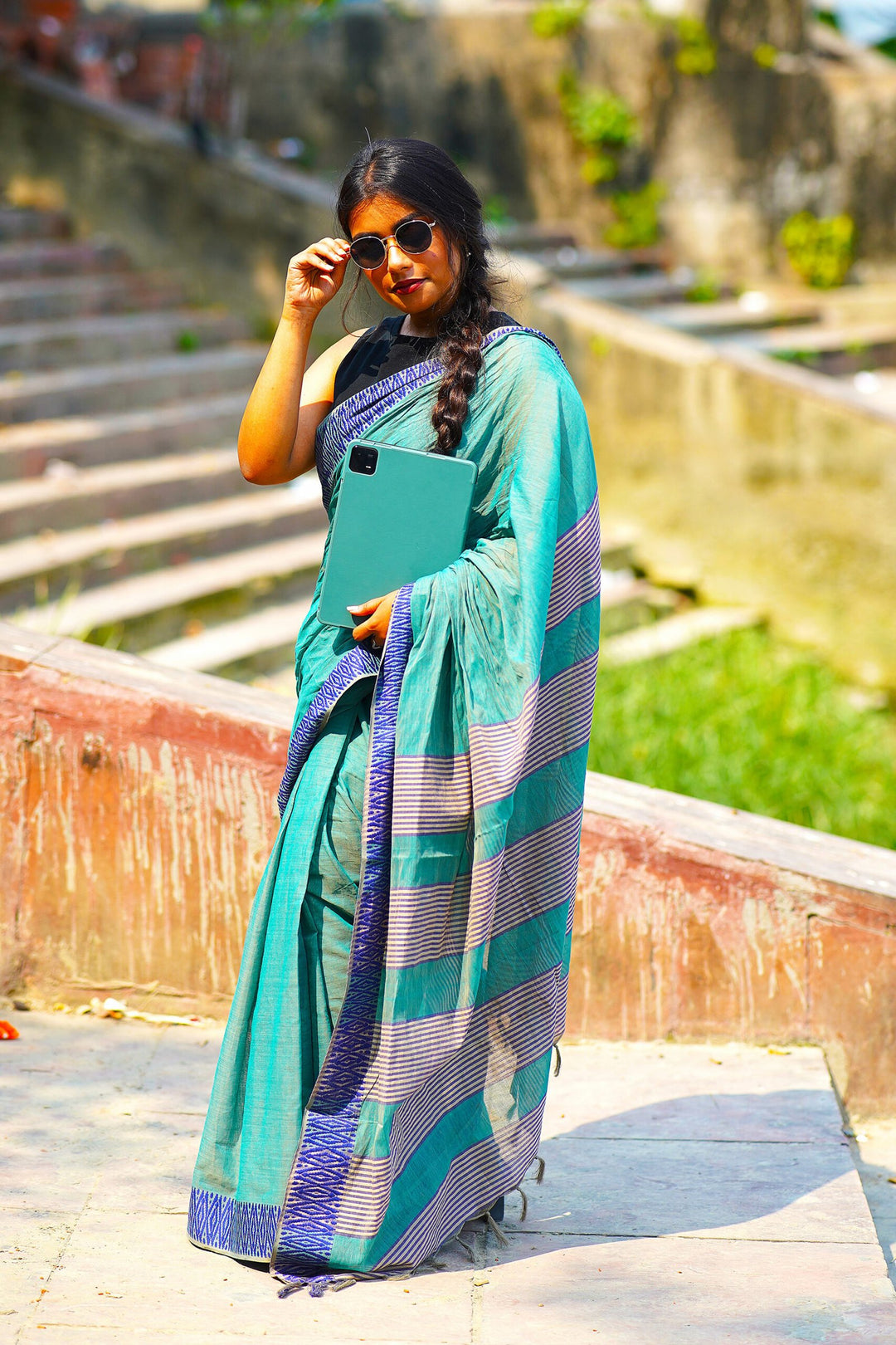 Pastel Green Blue ZigZag Begampuri Saree