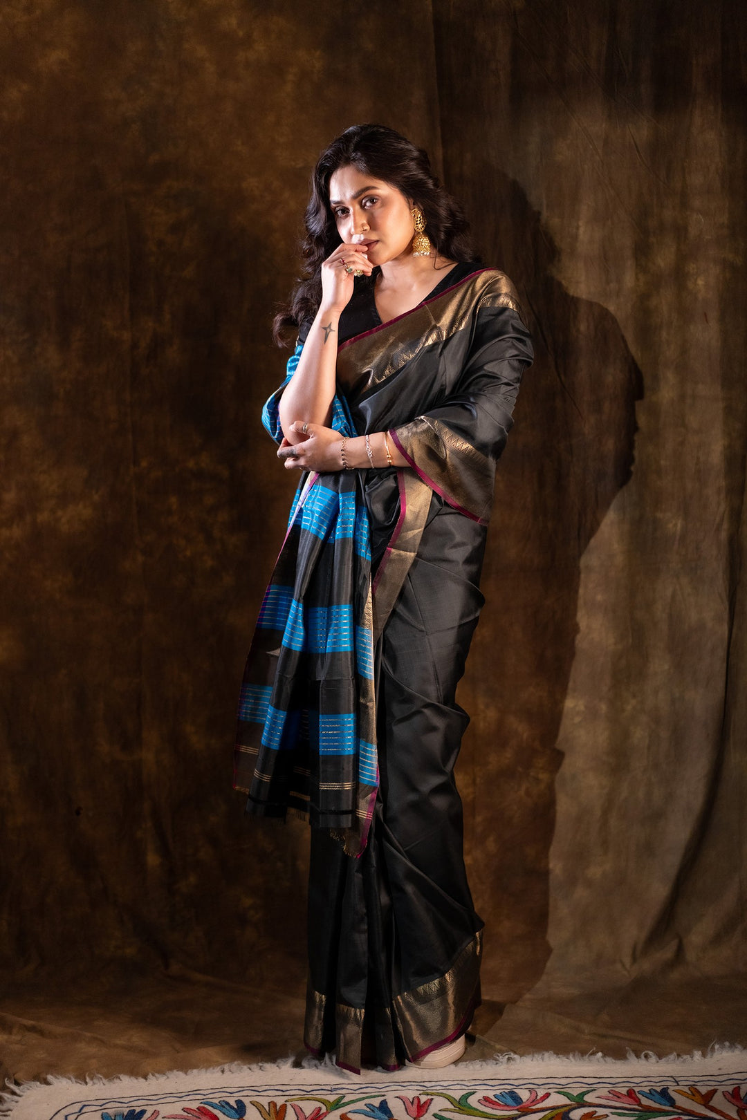 Rajrekha - Black Katan Silk Saree with Blue Diagonal Weaves &amp; Gold Zari Border