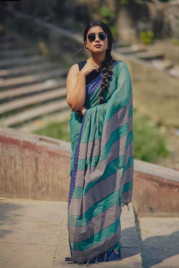 Pastel Green Blue ZigZag Begampuri Saree