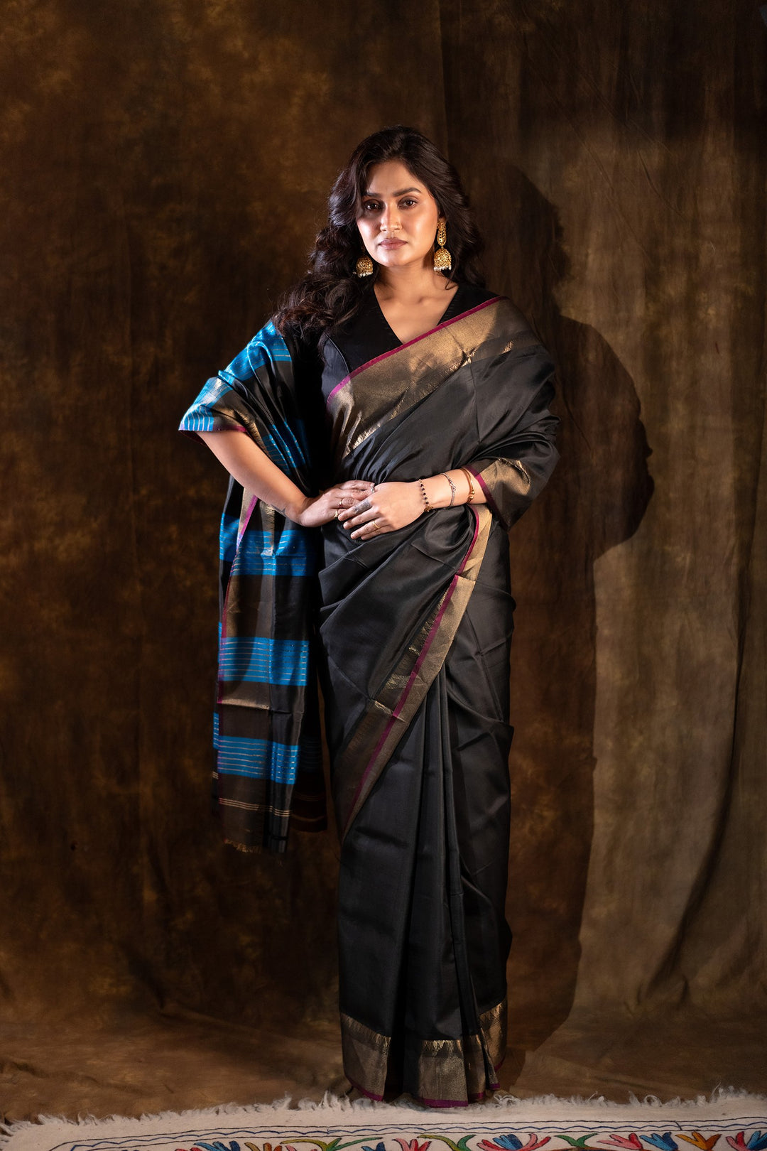 Rajrekha - Black Katan Silk Saree with Blue Diagonal Weaves &amp; Gold Zari Border