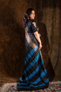 Rajrekha - Black Katan Silk Saree with Blue Diagonal Weaves & Gold Zari Border