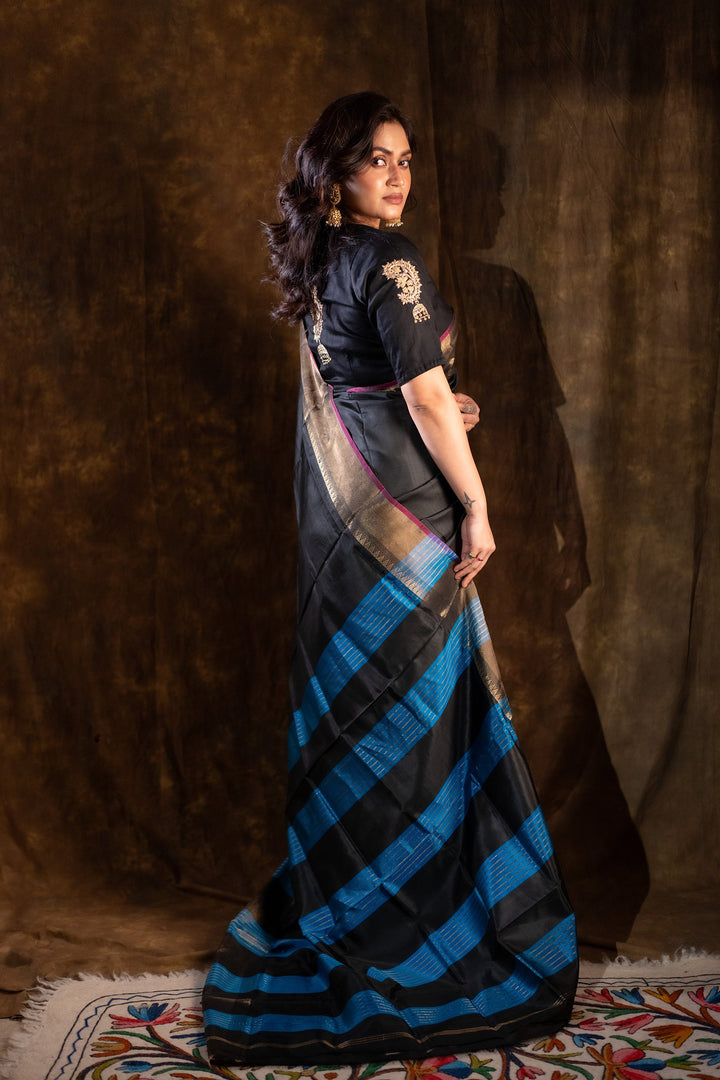 Rajrekha - Black Katan Silk Saree with Blue Diagonal Weaves &amp; Gold Zari Border