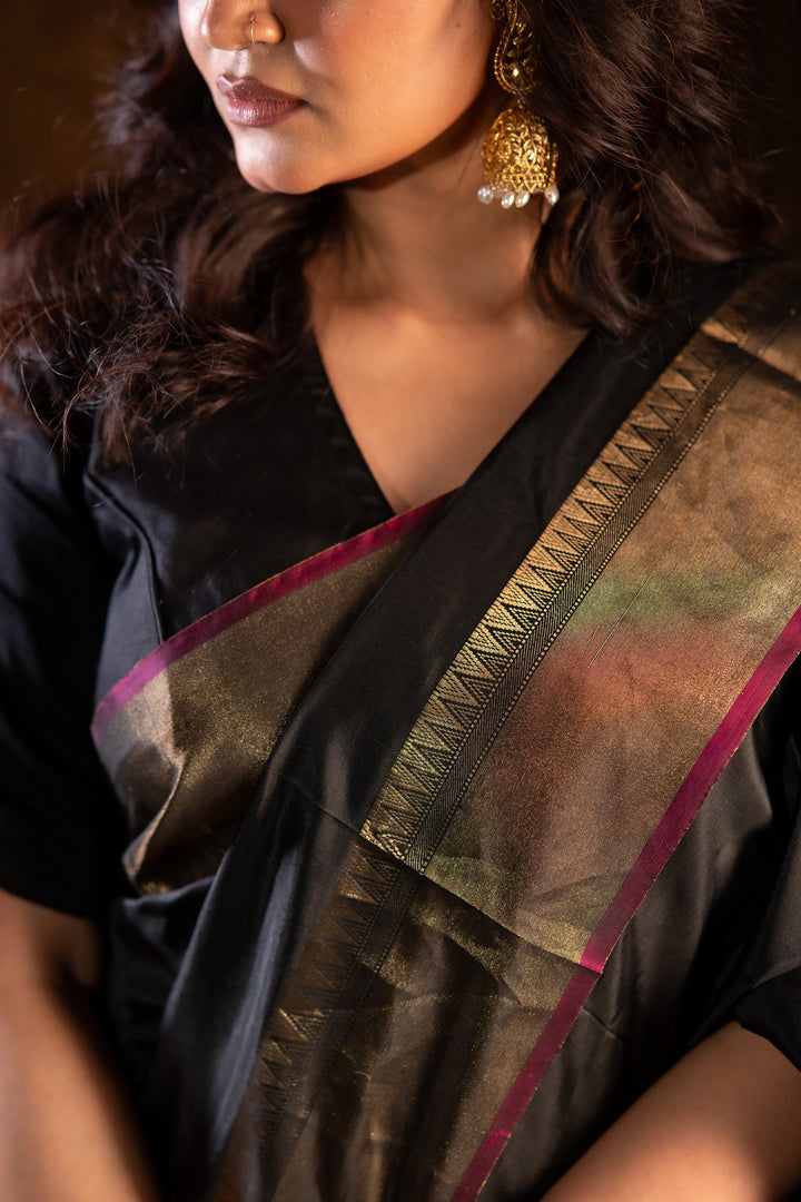 Rajrekha - Black Katan Silk Saree with Blue Diagonal Weaves &amp; Gold Zari Border
