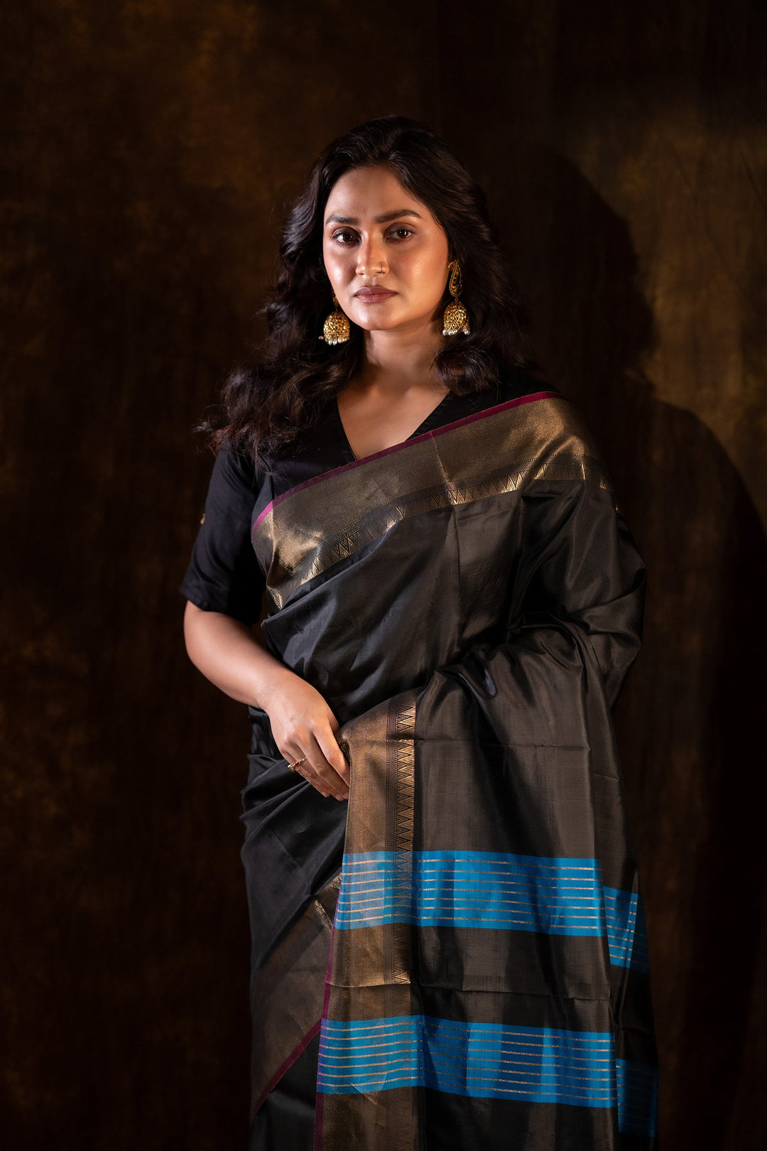 Rajrekha - Black Katan Silk Saree with Blue Diagonal Weaves &amp; Gold Zari Border
