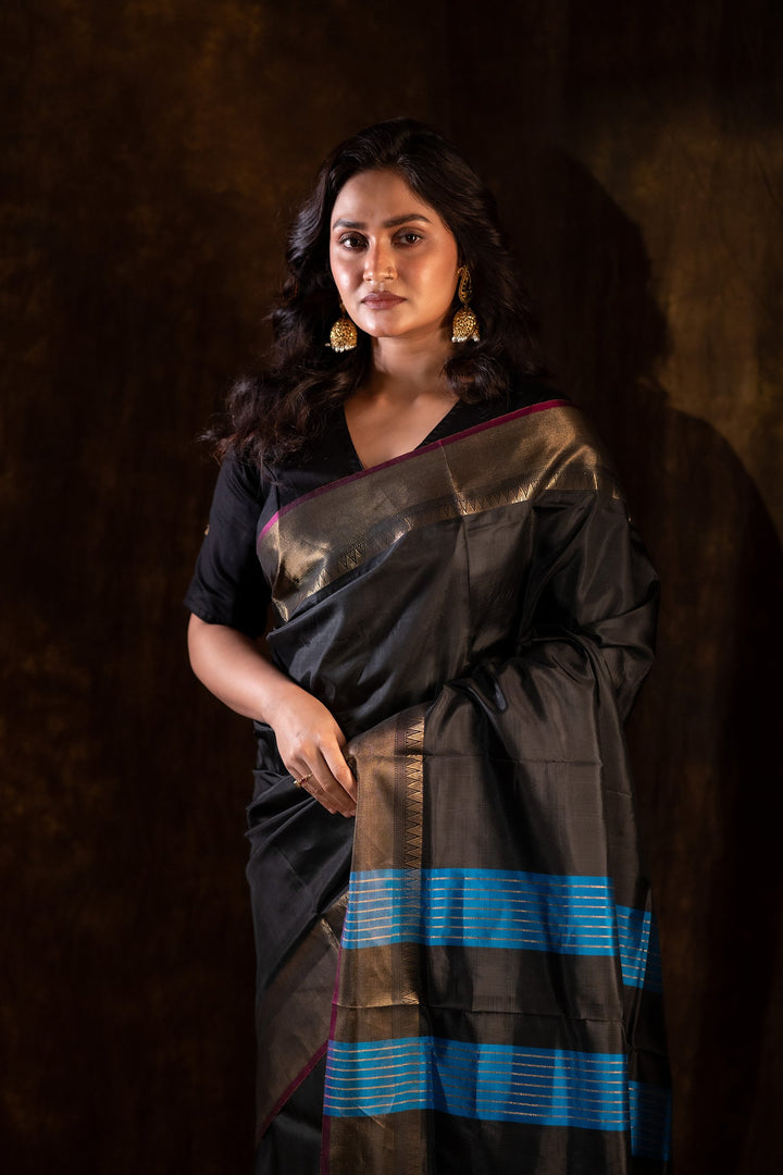 Rajrekha - Black Katan Silk Saree with Blue Diagonal Weaves &amp; Gold Zari Border