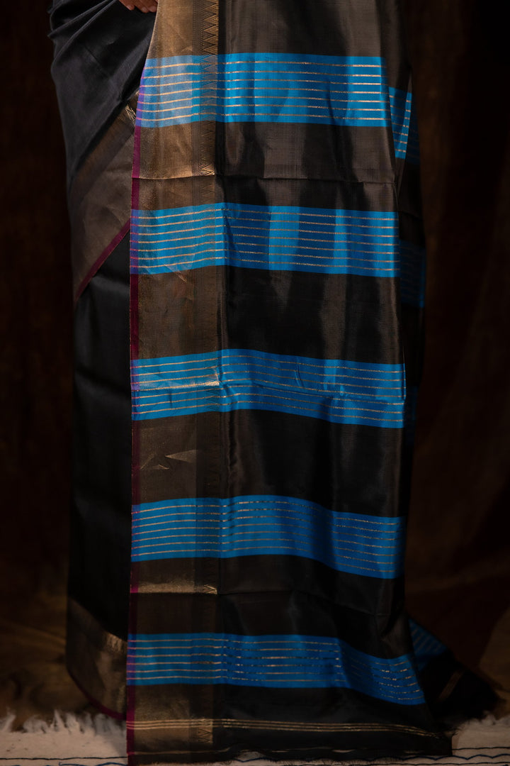 Rajrekha - Black Katan Silk Saree with Blue Diagonal Weaves &amp; Gold Zari Border
