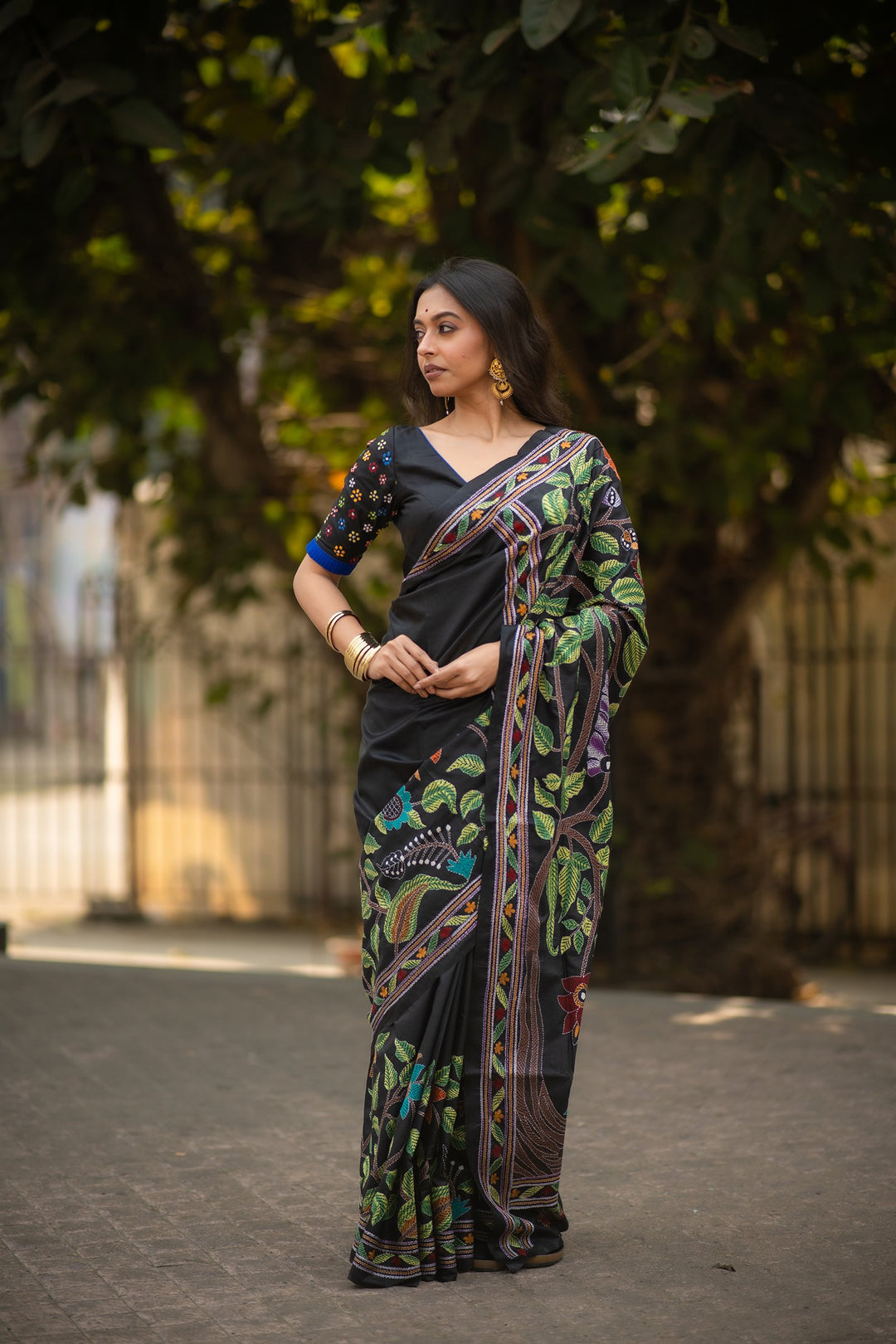 Garden of Threads – Black Pure Silk Kantha Saree with Multicolour Floral Embroidery
