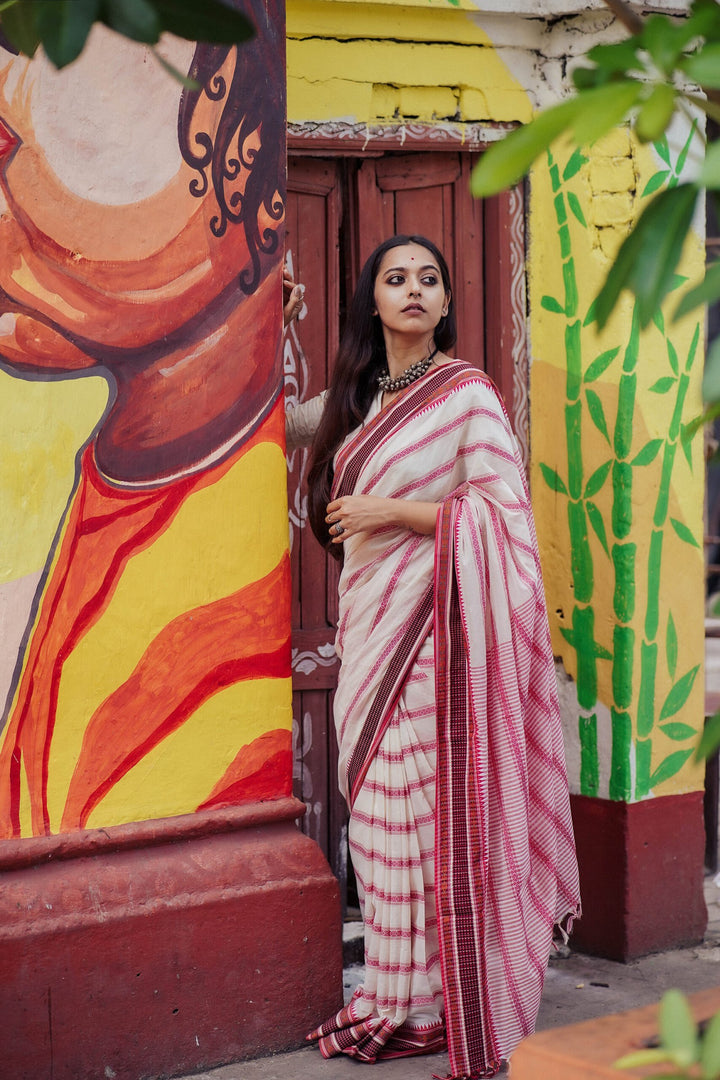 Red White Woodpecker Begumpuri Saree
