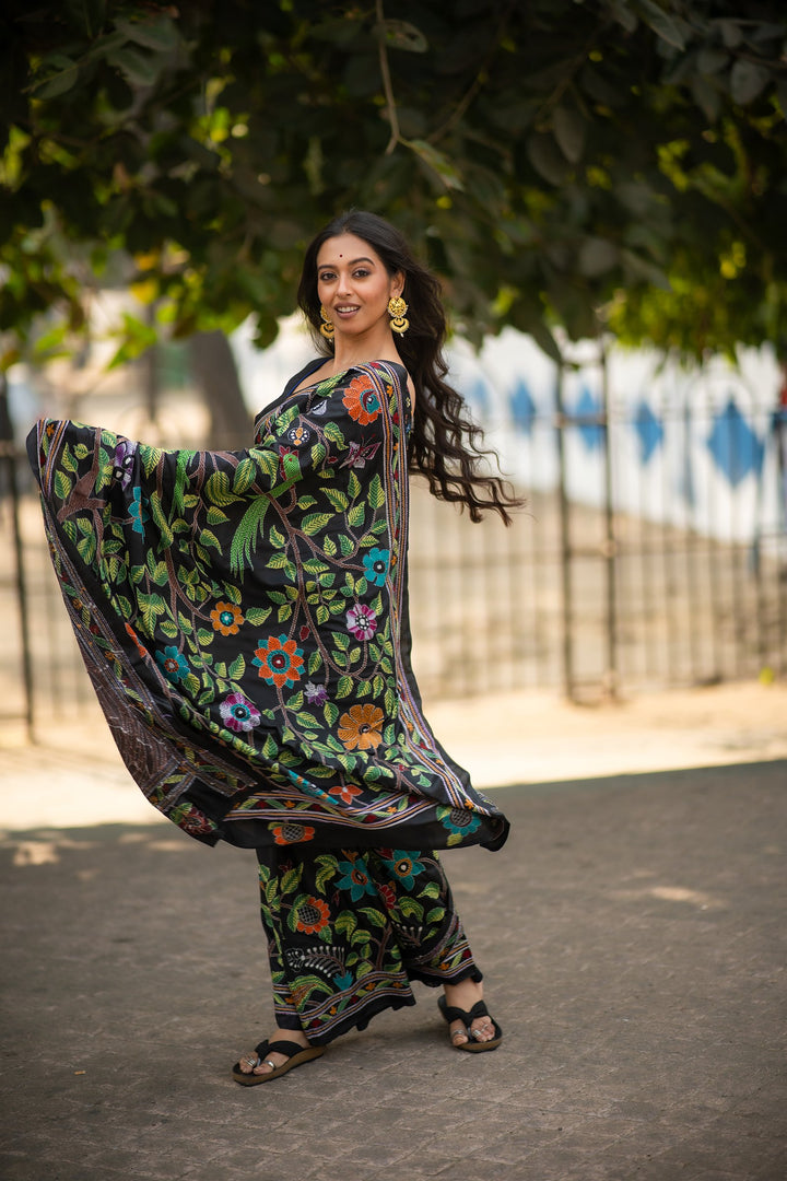 Garden of Threads – Black Pure Silk Kantha Saree with Multicolour Floral Embroidery