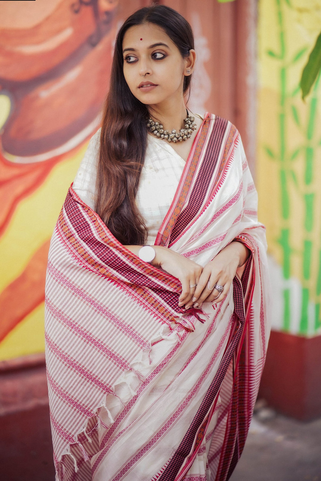 Red White Woodpecker Begampuri Saree