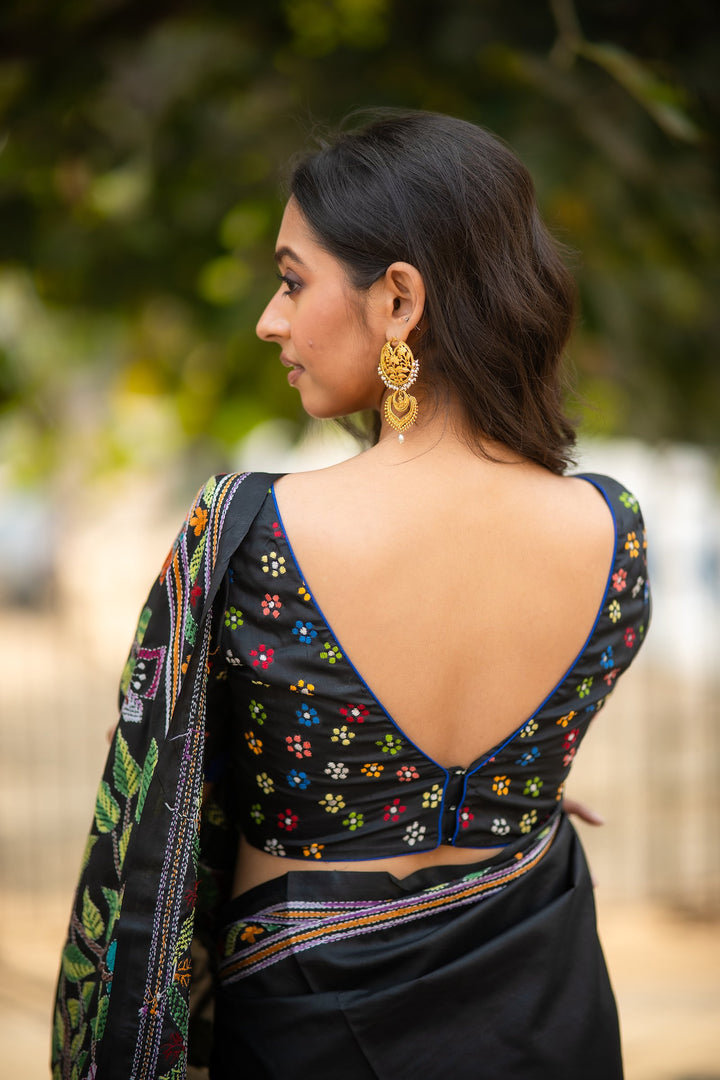 Phulkatha Black Kantha Embroidery Silk Blouse