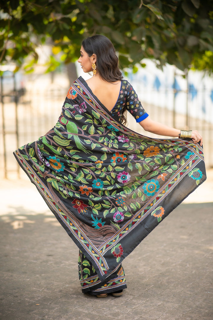 Garden of Threads – Black Pure Silk Kantha Saree with Multicolour Floral Embroidery