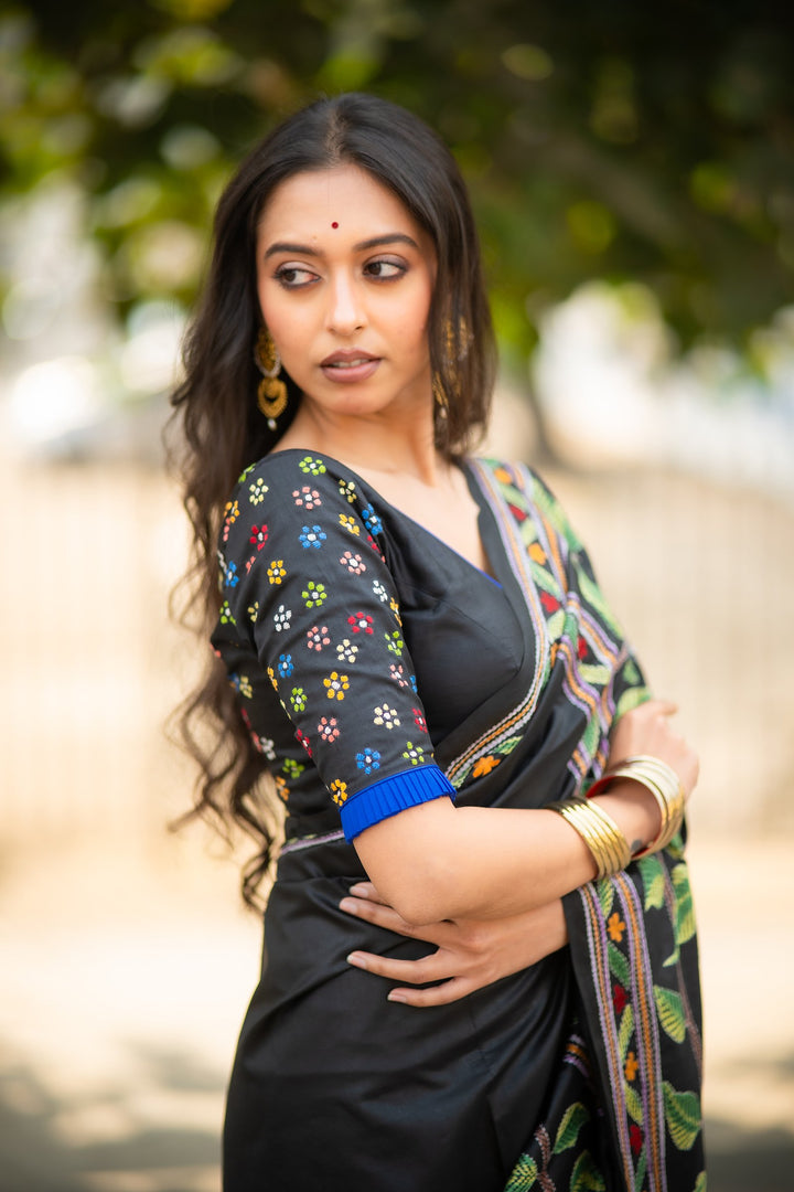 Phulkatha Black Kantha Embroidery Silk Blouse