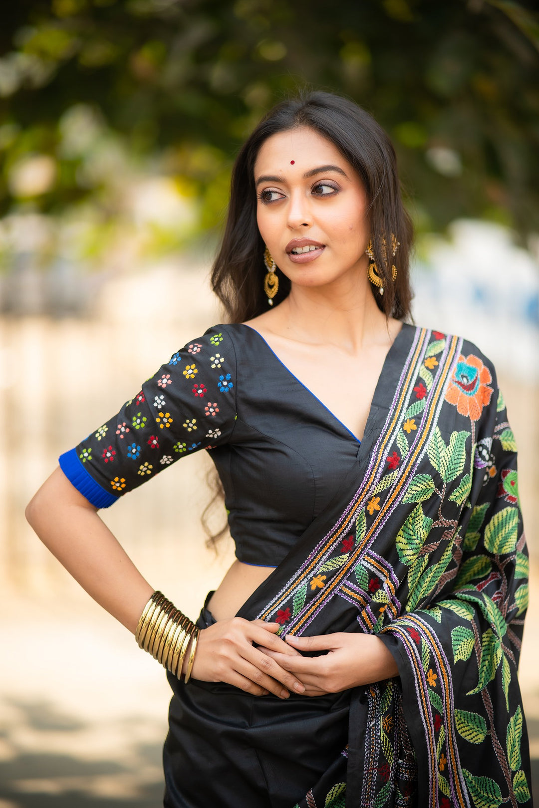 Phulkatha Black Kantha Embroidery Silk Blouse