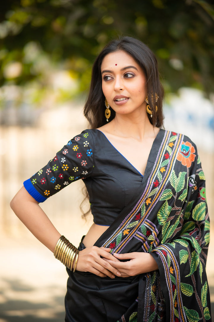 Phulkatha Black Kantha Embroidery Silk Blouse