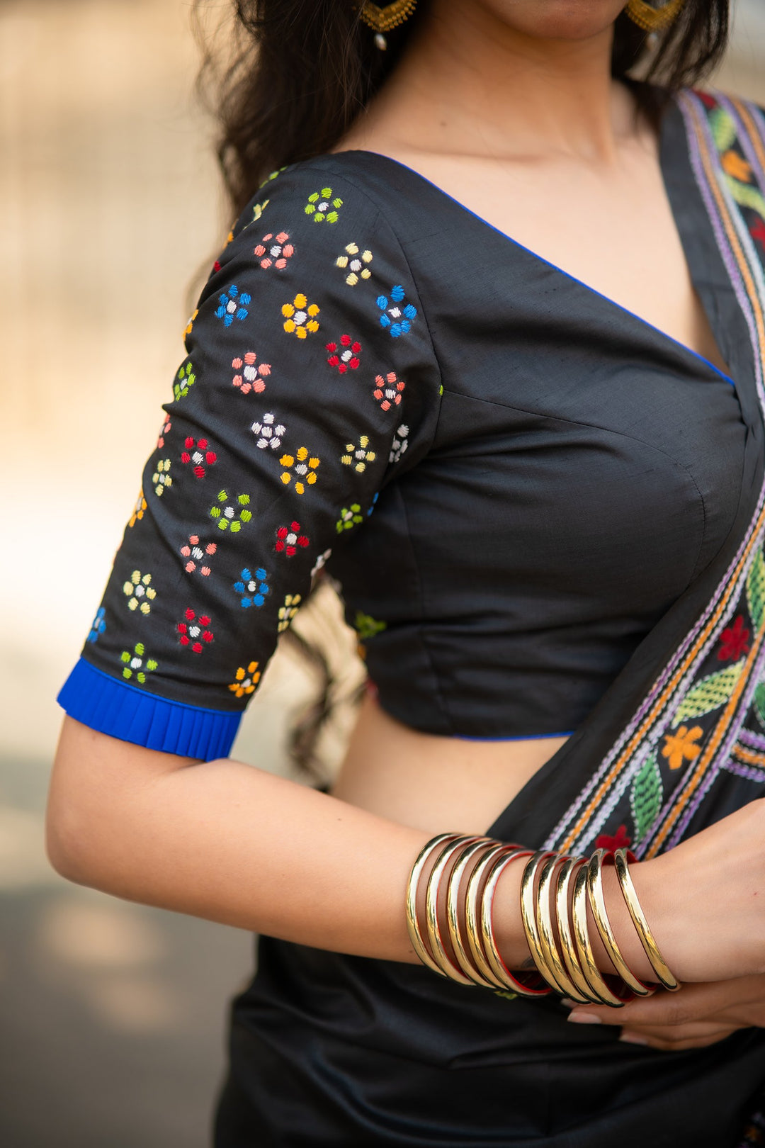 Phulkatha Black Kantha Embroidery Silk Blouse